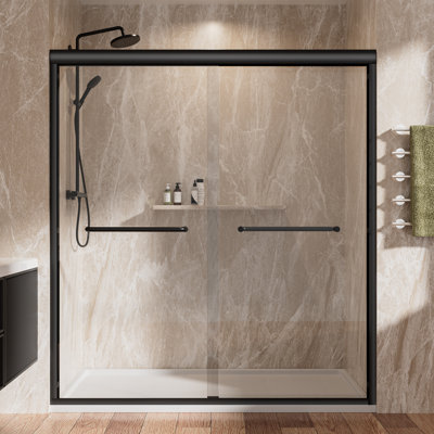 Porte de douche coulissante double sans cadre de 62 à 66 po x H 72 po avec verre de douche et deux porte-serviettes, verre trempé épais de 1/4 po (6 mm) de qualité supérieure, noir
