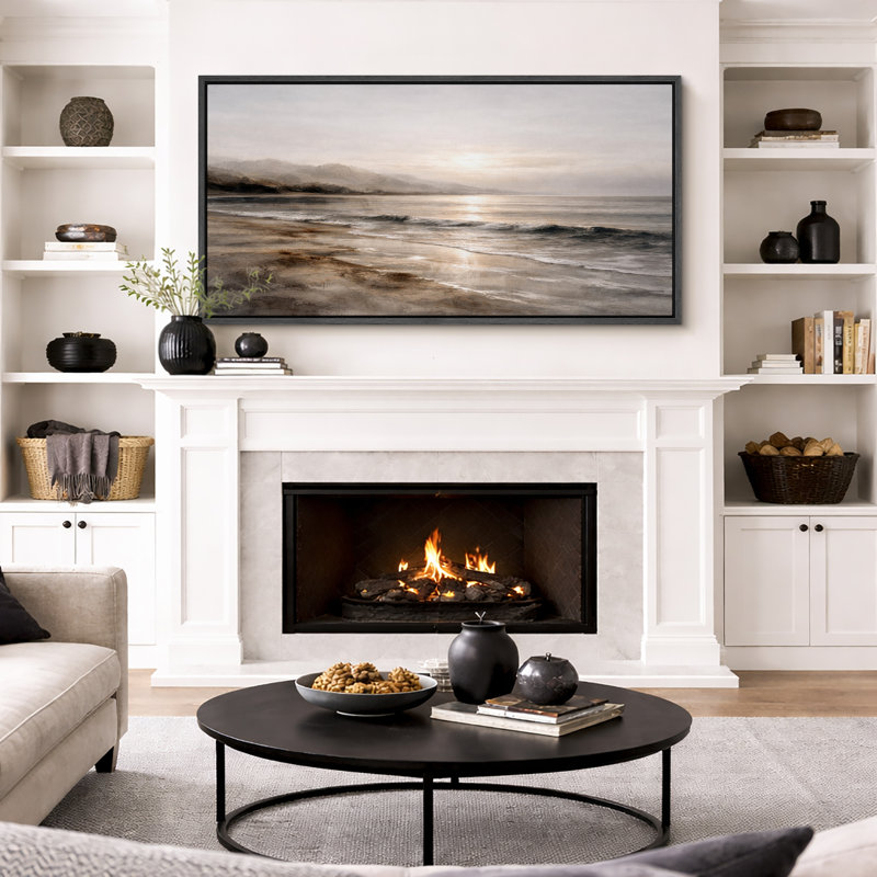 «Soft Coastal Shoreline Sunrise Seascape Neutral Ocean View», très grandes photos, impression sur toile encadrée, Noir