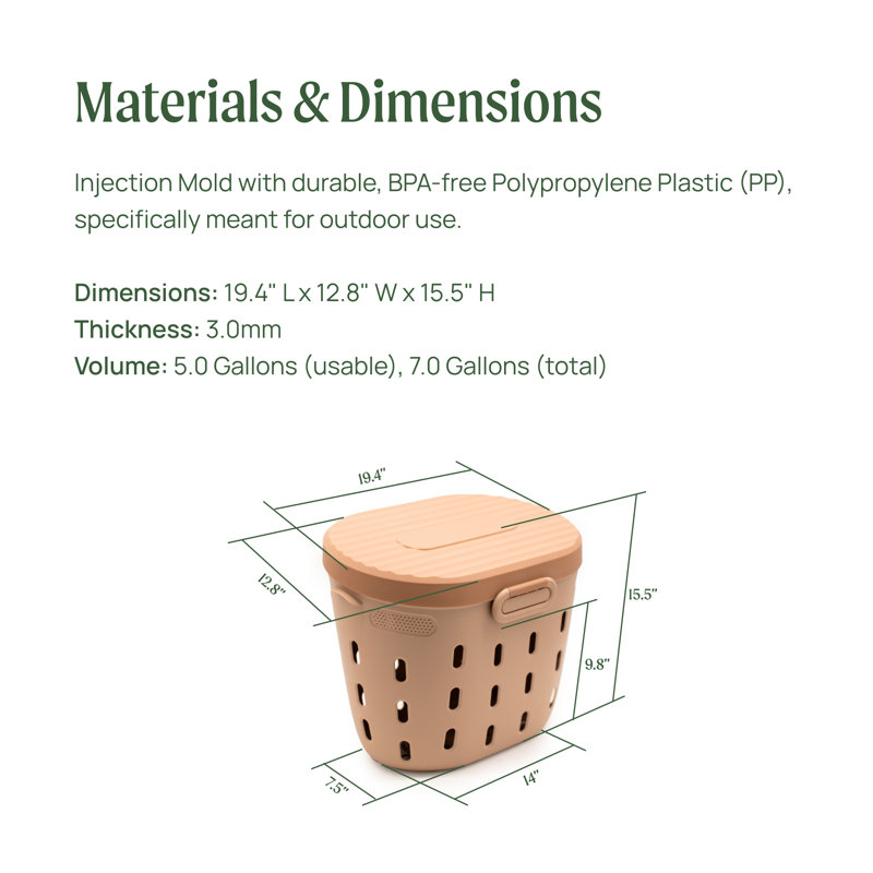 Bac à vers extérieur en plastique polypropylène avec couvercle verrouillable, Brun fauve, H 15 po x l 12,8 po x P 19,4 po