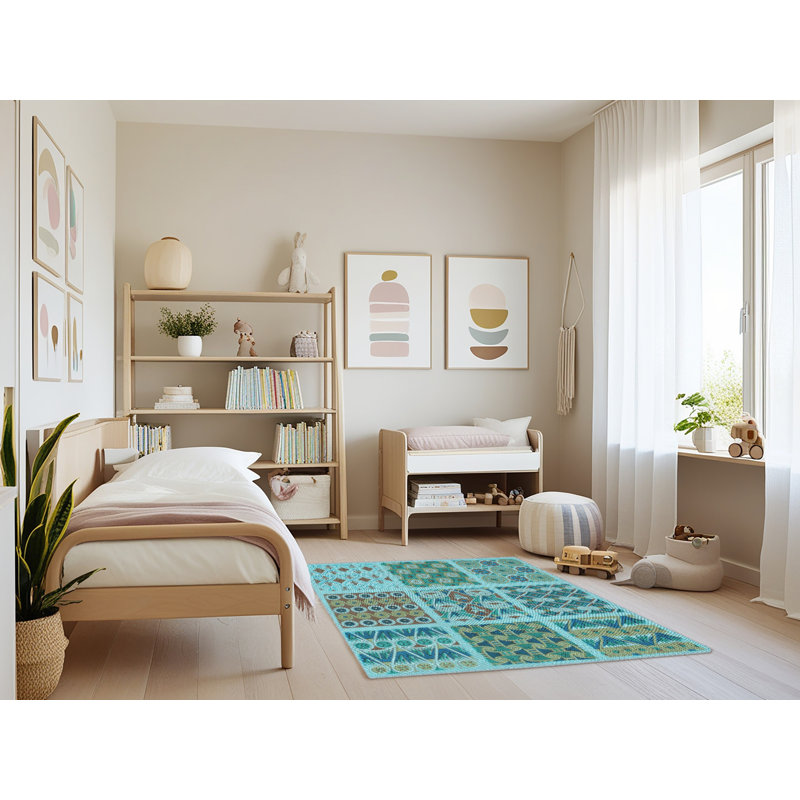 Tapis bleu ciel et laine patchwork, Rectangle 4 pi x 6 pi