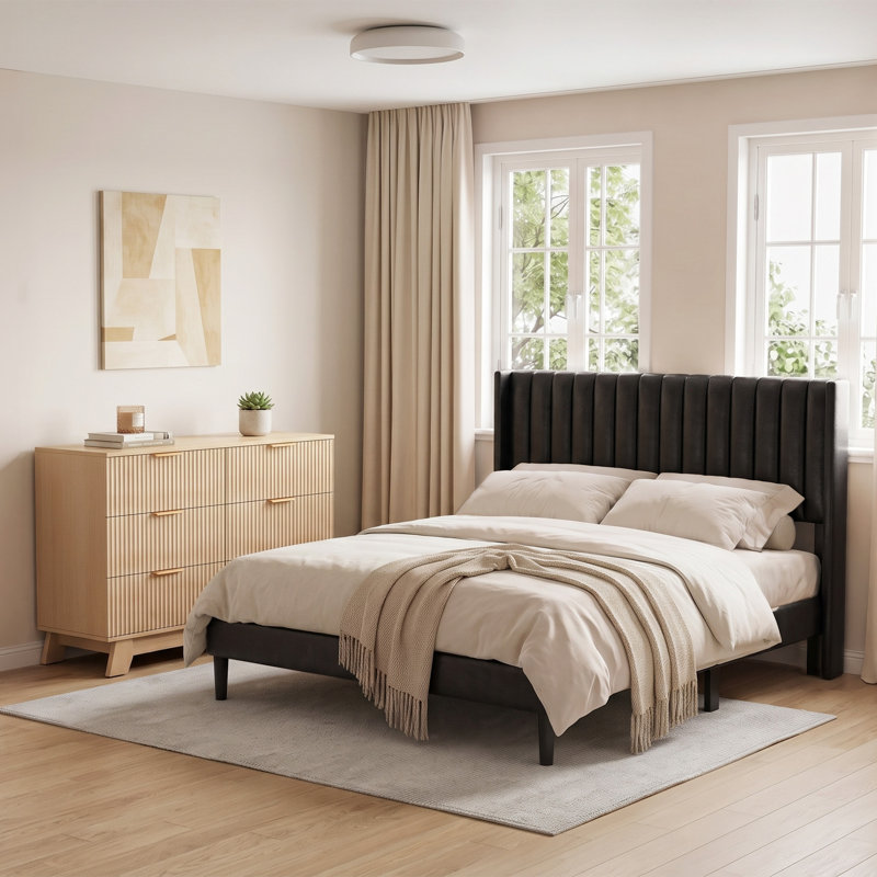 Ensemble de commode de lit moderne en bois, finition naturelle, support de lattes robuste, Black/Natural, Full, 6