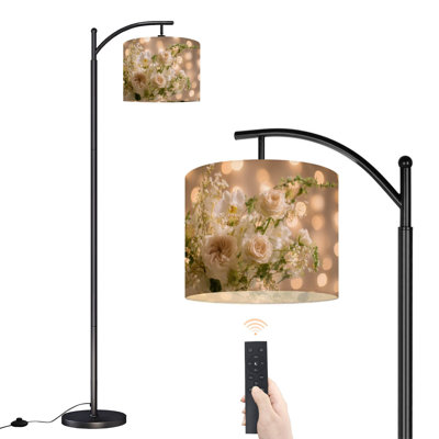  Arc Floor Lamp Elegant White Floral Bouquet Roses Orchids Soft Greenery Light Tall Modern Standing Lamp LED Adjustable Linen Lampshade 3 Color Temperatures