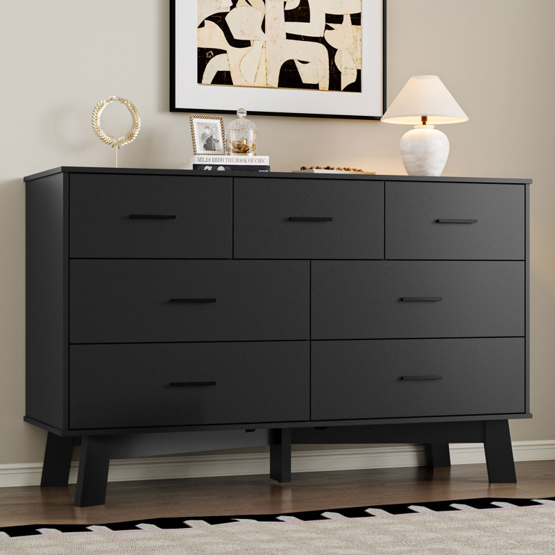 7 Drawer MDF Wide Modern Chest Of Drawers With X-Shaped Sturdy Base, Black
