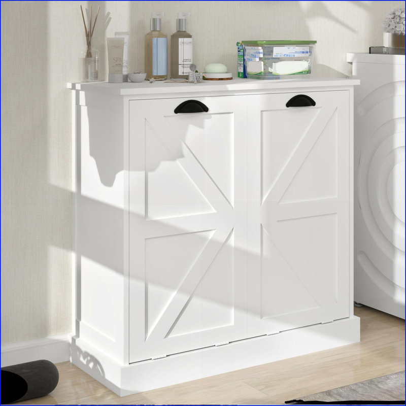Laundry Sorter Cabinet, Two-Compartment Tilt-Out with Removable Bags, Off-White | MDF | Laundry Room