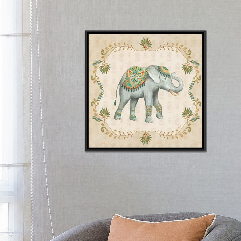 « éléphant walk iv », impression sur toile tendue, H 26 po x l 26 po x P 1,5 po, Toile avec cadre noir, Pas de tapis