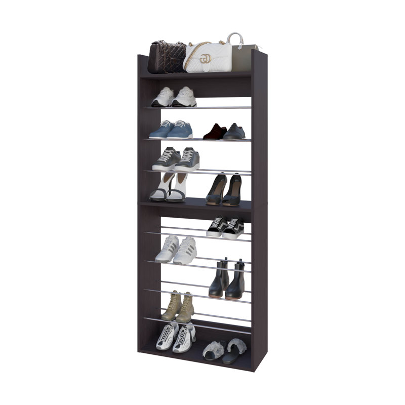 Grande étagère à chaussures Wengue avec rails en métal et tablettes à plusieurs niveaux