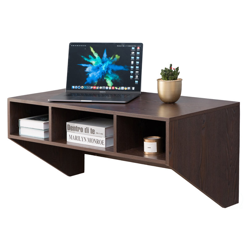 Brown Wall Mounted Wood Hanging Desk with Storage Compartments