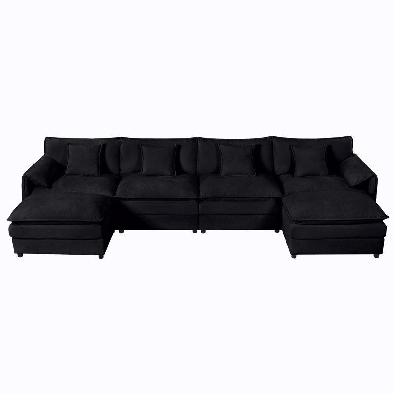 Elara Modern Contemporary Deep Seat Cloud Sectional Sofa, Black Chenille, 33.46" H x 143.31" W x 57.48" D