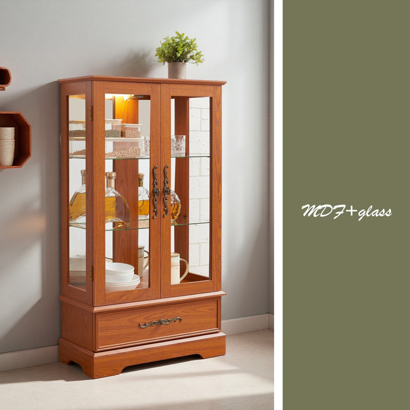 Armoire vitrée avec vitrine éclairée avec tablettes réglables en verre 2 portes et 1 tiroir avec ampoule incluse
