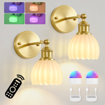 Set of 2 Battery Operated Wireless Wall Sconces with Rechargeable LED Bulbs and Remote Control, RGB Dimmable Lights with Tulip Glass Shades
