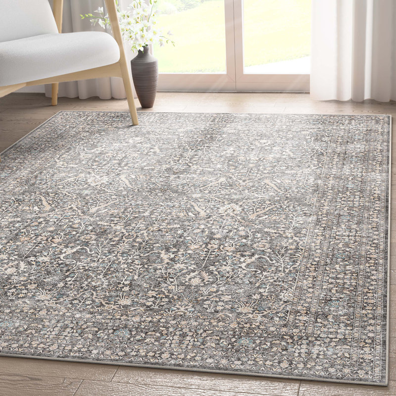 Tapis botanique oriental gris Well Well Tissé Ervin Isolde, Rectangle 5 pi 3 po x 7 pi 3 po