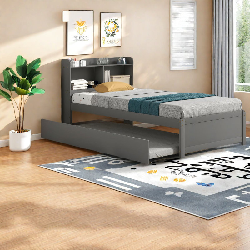 Lit simple en bois de pin avec gigogne moderne et peu encombrant, gris