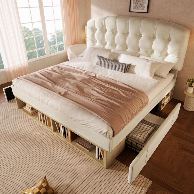Upholstered Bed With Storage Drawers & Shelves, Adjustable Headboard, Velvet, Beige, Double (4'6)