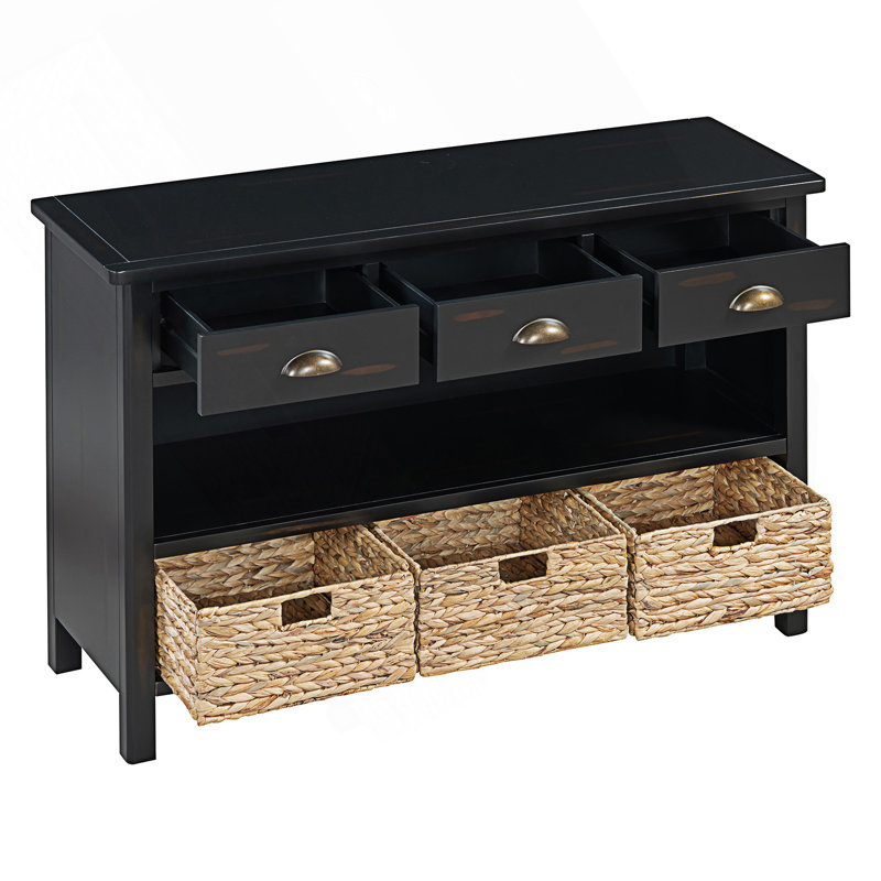 Console moderne rétro avec 3 tiroirs de rangement, table d'entrée avec 3 paniers tissés en jacinthe d'eau, table d'appoint
