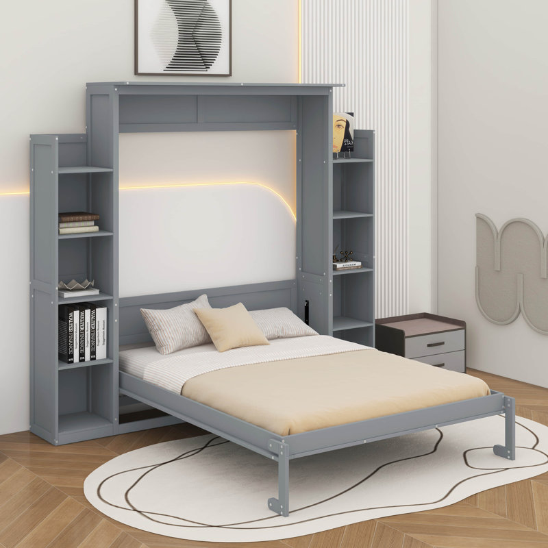 Grand lit escamotable avec tablettes et DEL, Gris