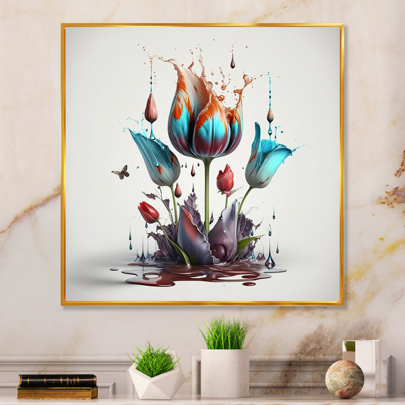 " Blue Tulip Paint Drop ", 24" H x 24" W x 1" D, Gold Floater Framed