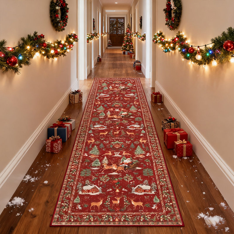 Christmas Runner Rug Red Runner Rug Suitable for Hallways, Kitchen Rugs Non-Slip, Washable Entrance Rug Soft Christmas Tree Santa Claus