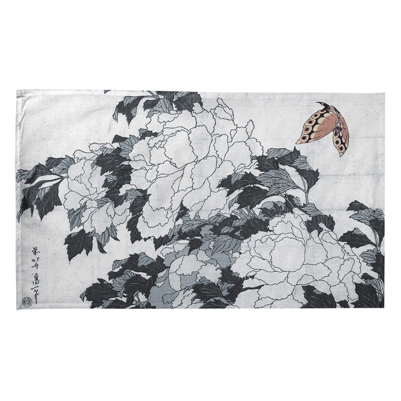 Serviette de thé pivoines et papillon, Sergé de coton, Gris et rouge