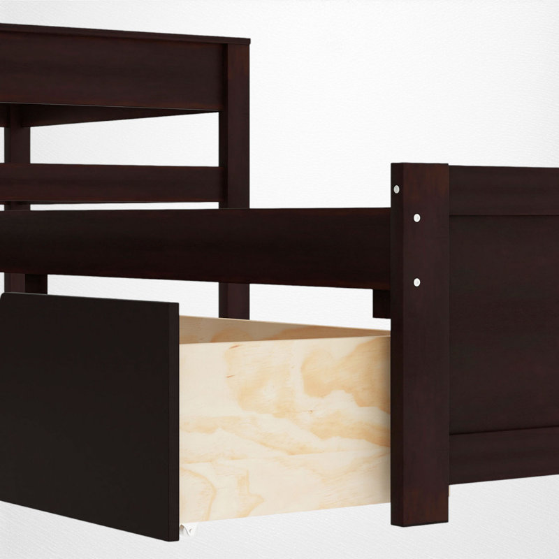 L-Shape Wood Double Twin Platform Beds With Trundle, Espresso
