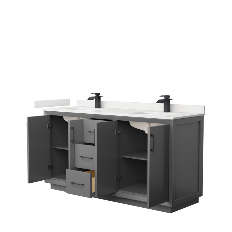 Strada 66'' W Double Vanity, Brushed Nickel, White Quartz, Dark Gray