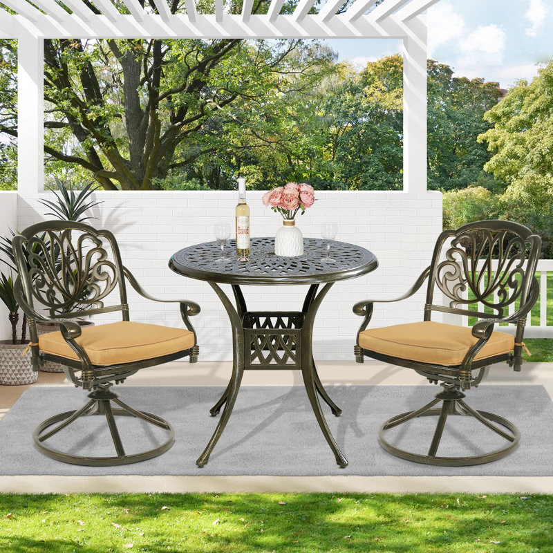 2 - Person Patio Dining Set Umbrella Hole Included Round Table with Cushions Included, Khaki