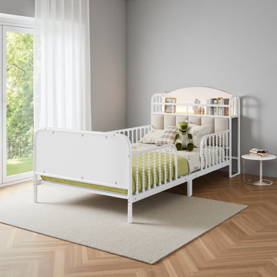 Metal Platform Bed Frame With Light, Kids Metal Bed With Upholstered And Storage Headboard