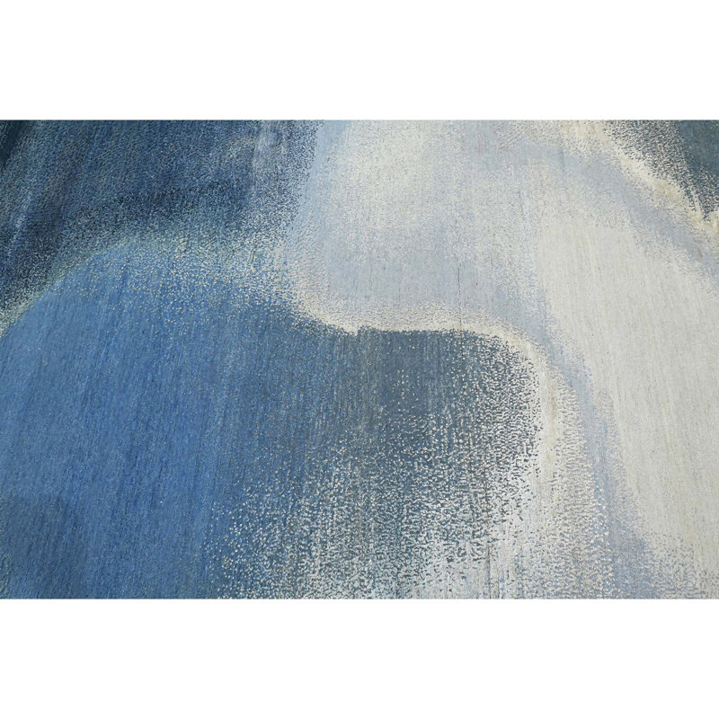 Tapis rond bleu / argent / ivoire en laine / soie noué à la main 3 pi Abstract