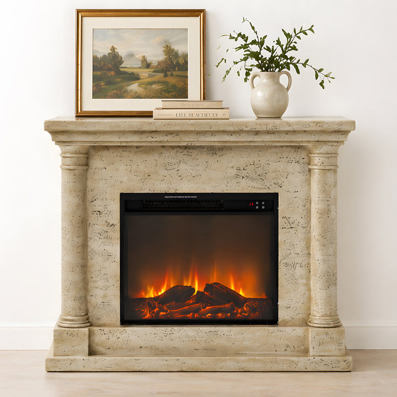 44.5"W Freestand Electric Fireplace With Remote Control, Sahara Travertine