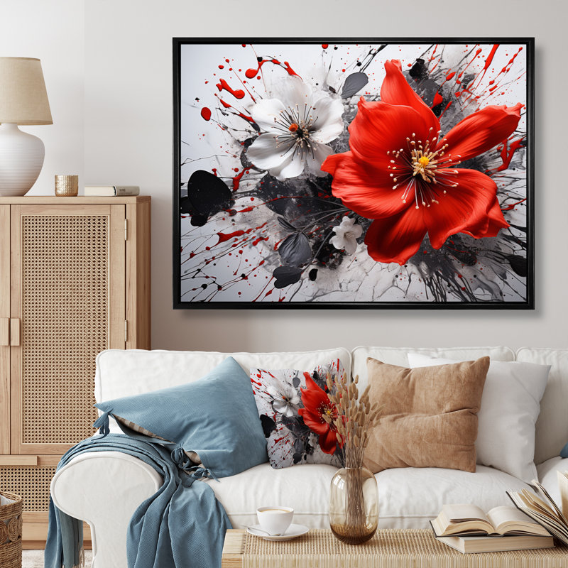 Red Grey Botanical Symphony I - Abstract Botanicals, reproduction d'art sur toile encadrée, H 12 po x l 20 po, Black