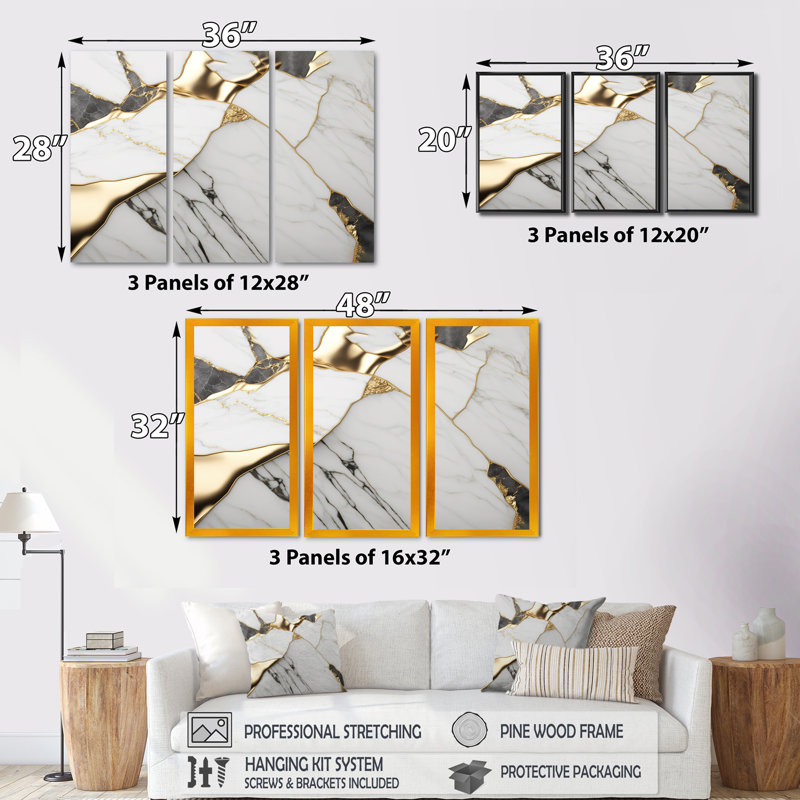 «Abstract Geode Marble White and Gold I», reproduction sur toile 3 pièces, Toile tendue, H 28 po x l 36 po x P 1 po