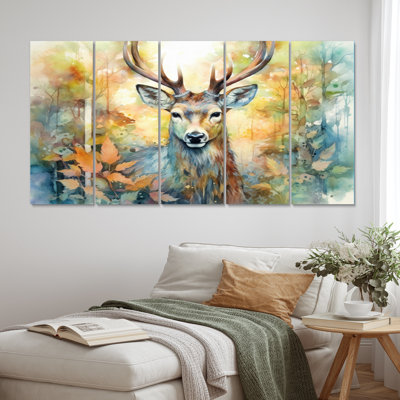Deer Wonderers I - animaux, reproduction sur toile - 5 panneaux égaux