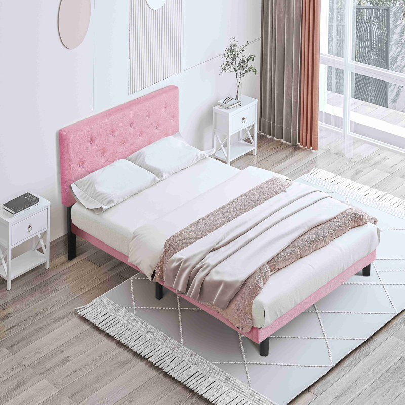 Structure de lit plateforme tapissier avec tête de lit en tissu de lin capitonné moderne sans sommier, Lit double, Rose