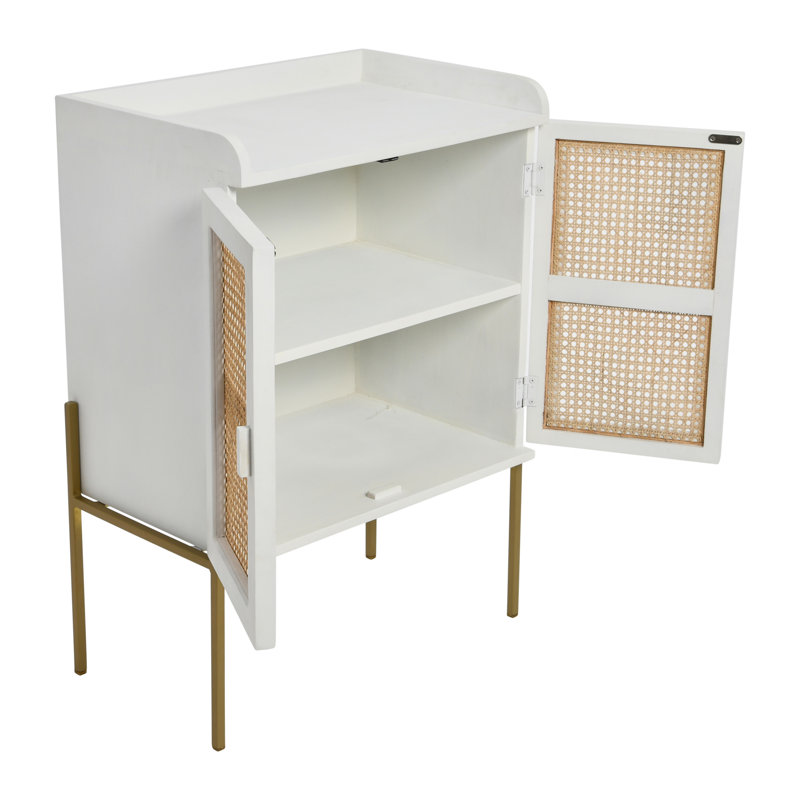 Bar Boho en bois massif avec pieds en métal et portes en bois, Blanc