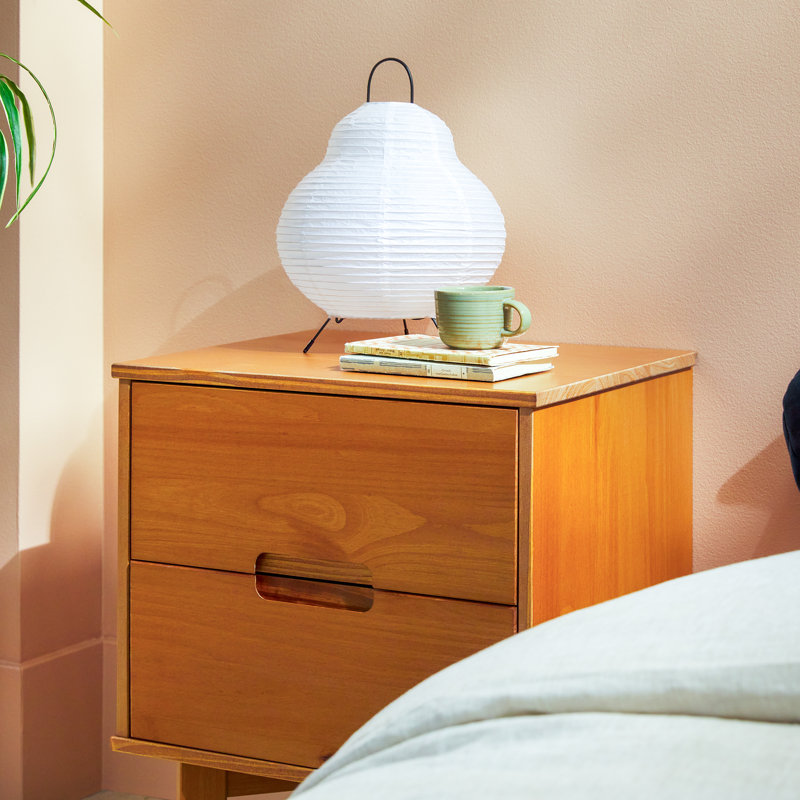 Solid Wood Groove Handle 2-Drawer Nightstand, Caramel