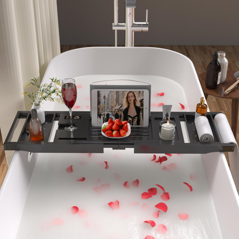 Plateau de baignoire, plateau de table de bain extensible et pliable avec patins antidérapants, noir, Noir