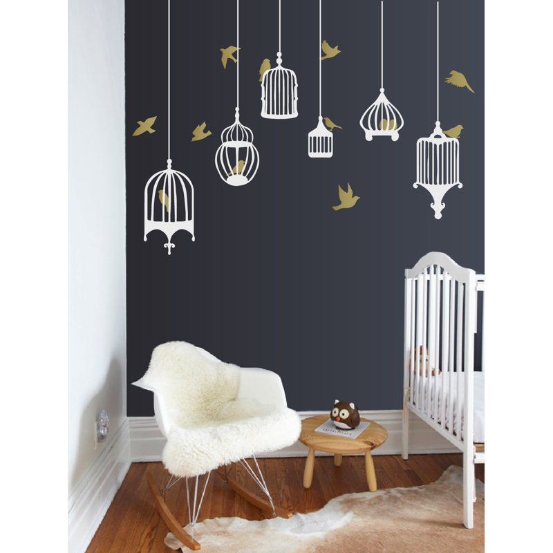 Décalcomanie murale galores oiseau, H 48 po x l 58 po x p 0,01 po, Doré / Blanc
