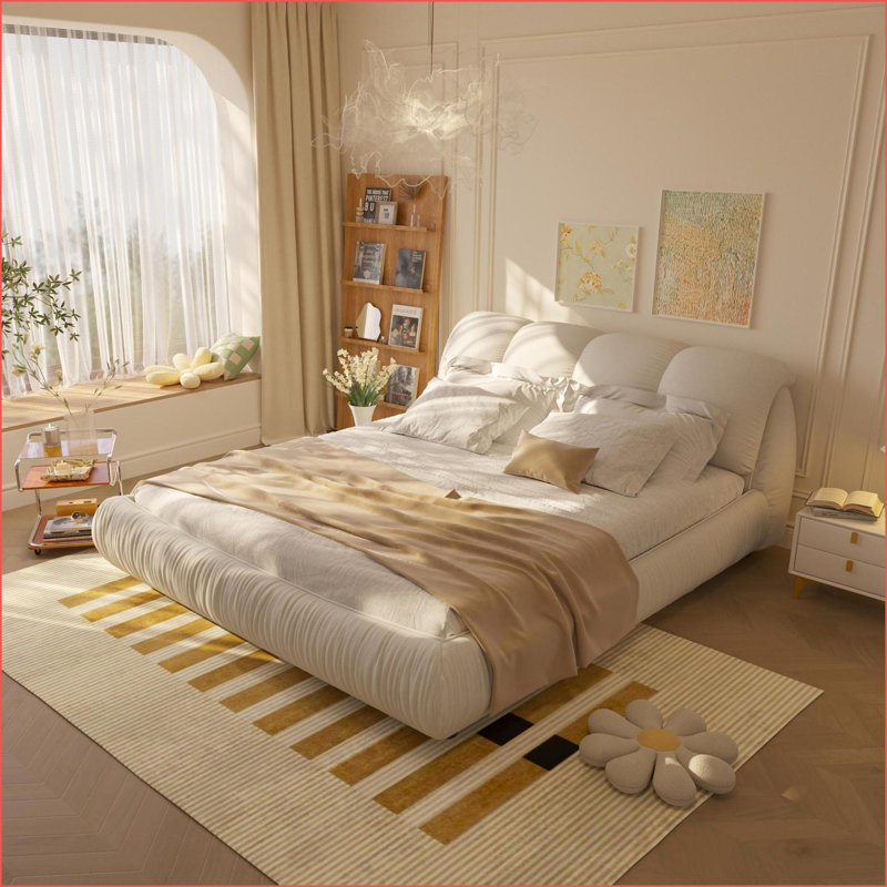 Grand lit plateforme en bois massif avec tête de lit rembourrée surdimensionnée, beige - Aucun sommier nécessaire pour la chambre principale