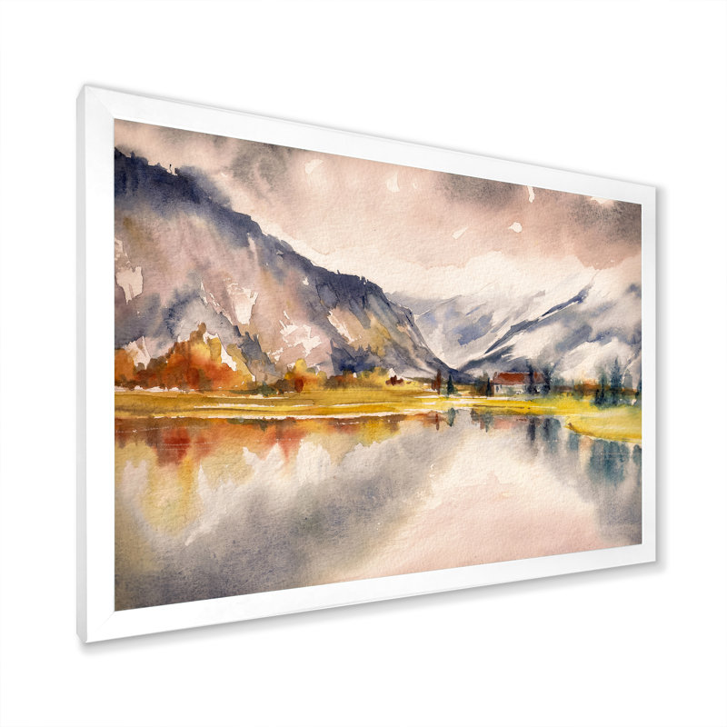 Paysage d'automne avec le ciel reflété sur le lac - Peinture sur toile, H 30 po x l 40 po, Cadre photo blanc