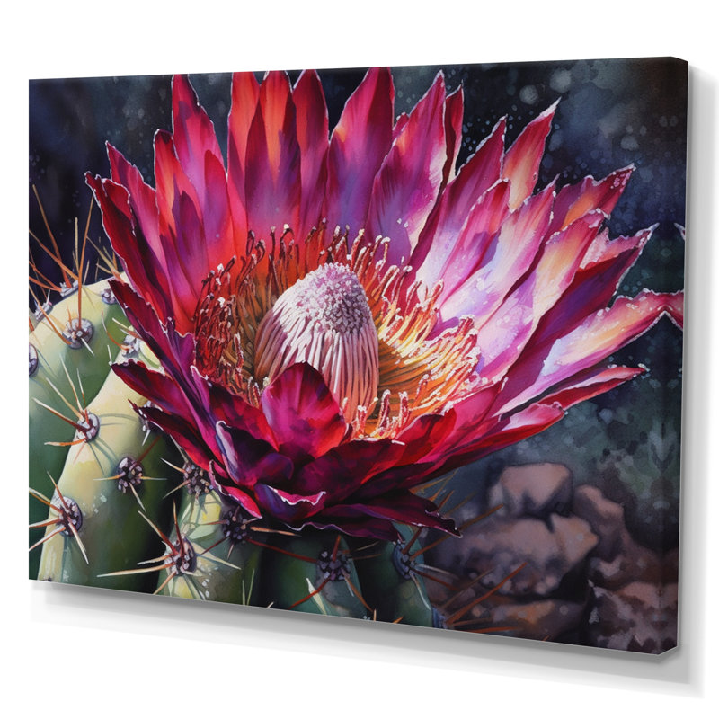 Rynesha, fleur de cactus rose vert sur toile, H 12 po x l 20 po x P 1 po, Toile tendue