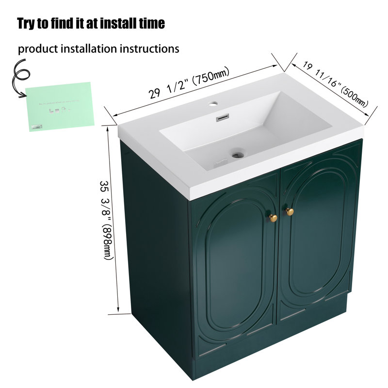 30 " W Freestanding Standard Free Standing Single Double Single Vanity Bathroom Vanity With Resin Top, Green