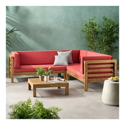 Ensemble modulaire d'extérieur en bois d'acacia 4 pièces Oana avec coussins, finition en bois naturel et accents rouges