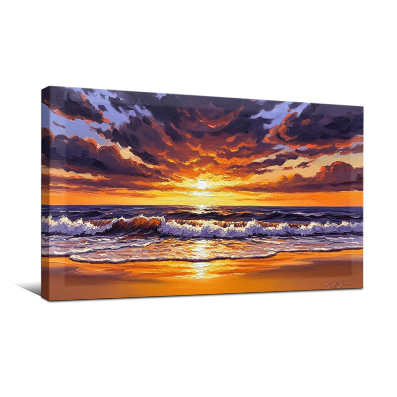 Nautique et plage, coucher de soleil, océan, vagues, ciel, nuages, lumière de plage, couleurs, H 24 po x l 48 po