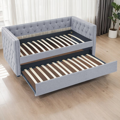 Mid-Century Upholstered Daybed With Pull-Out Trundle - Button-Tufted Sofa Bed For Living Room & Guest Space