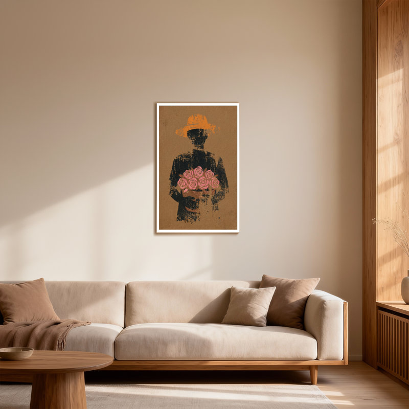 «Plants & Flowers Silhouette Man Hat Roses», reproduction d'art, H 32 po x l 48 po