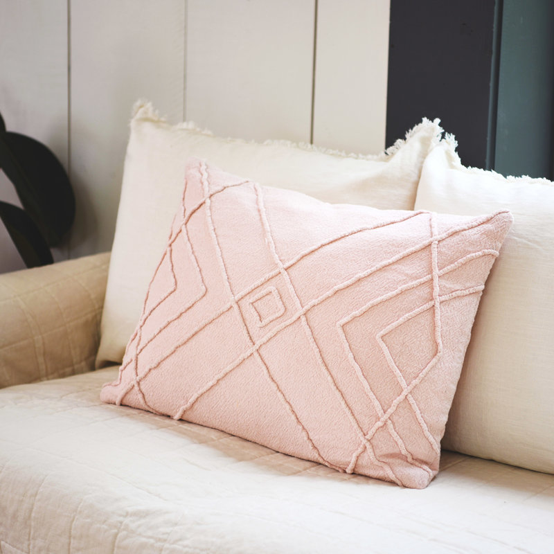Blush Cotton Embroidered Geometric Lumbar Pillow