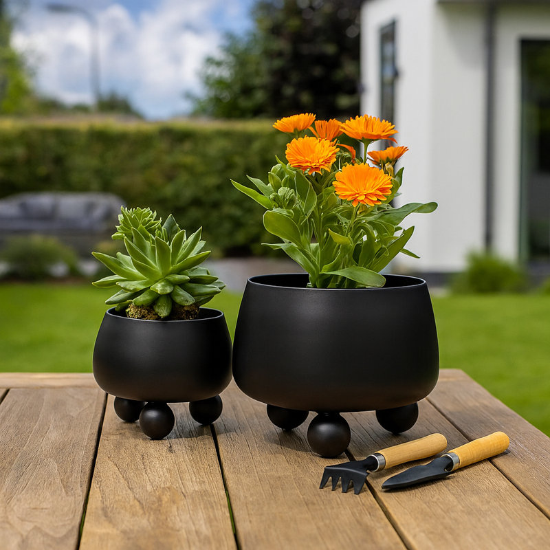 Aedin Set Of 2 9/11" Round Metal Planters With Ball Feet, Black