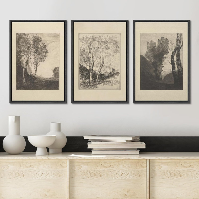 «Duotone», arbres rétro, croquis de forêt, paysage rustique, art encadré sur toile, 3 pièces, H 36 po x l 24 po