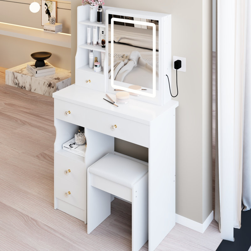 Petite coiffeuse 29,2 po avec tiroir à gauche, tabouret rembourré, miroir à DEL tricolore à commande tactile, grande capacité, convient aux petits, style américain, coiffeuse avec tiroir, commode