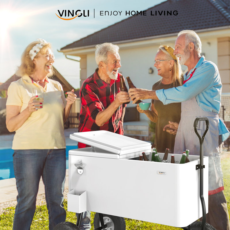80 Quart Outdoor Wagon Rolling Cooler Ice Chest With Handle And 10" Wheels, White