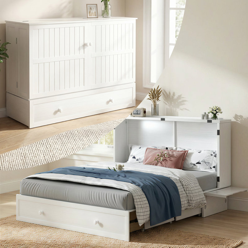 Murphy Bed Queen With Storage Drawers & Charging Station,White, White